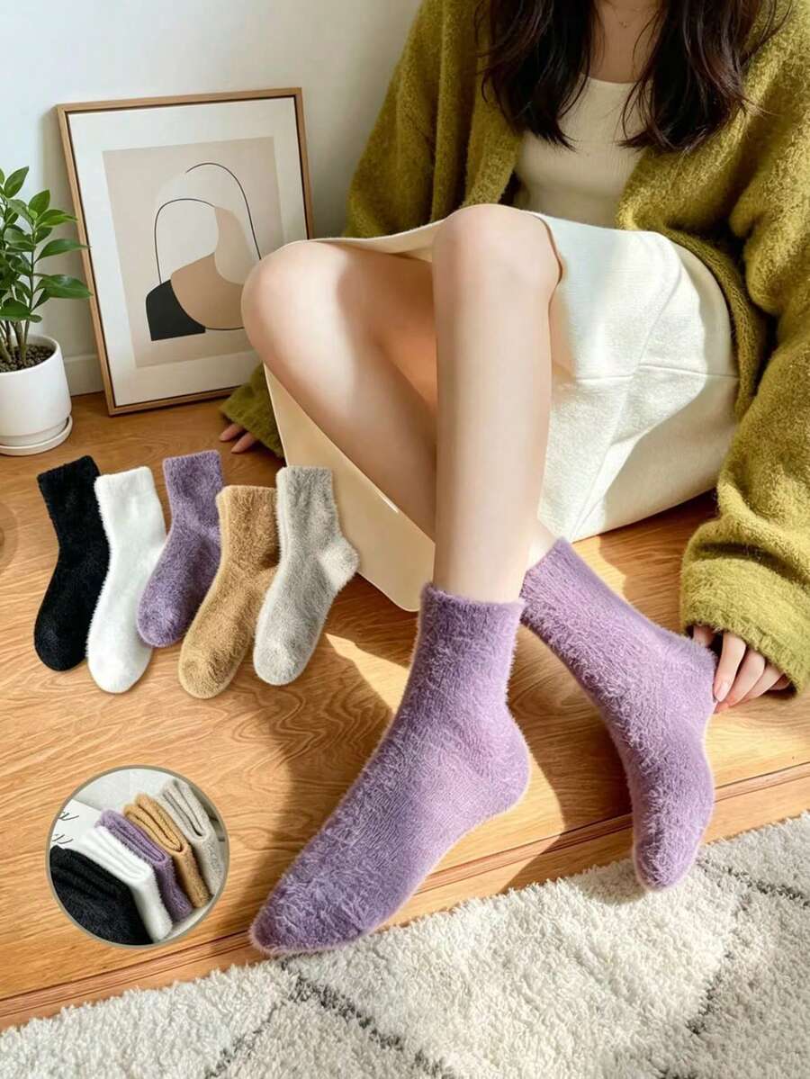 5 đôi tất lông chồn cho nữ, tất ngủ trong nhà/tất sàn mùa thu/đông cổ trung, lông xù - Nhiều màu - Xem 1