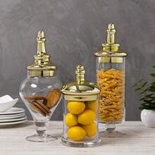 MyGift - Juego de 3 tarros de boticario de baño de vidrio transparente antiguo con tapa centro de mesa de boda tarros de almacenamiento de cocina con tapas metálicas de latón - latín - Ver 7