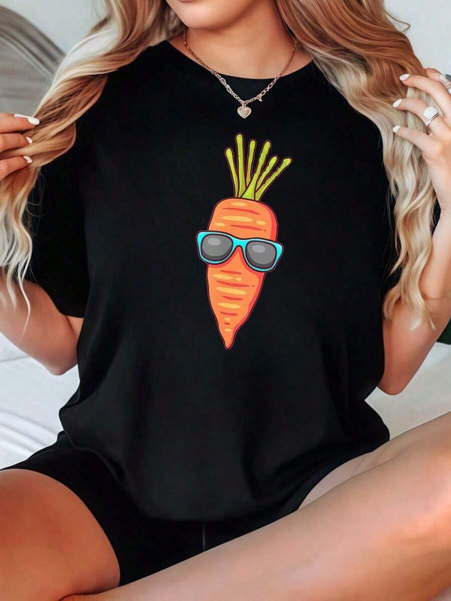Camiseta de Mujer Casual de Corte Holgado, Opciones en Blanco y Negro, con Estampado de Zanahoria, Camiseta Gráfica Linda para Uso Diario de Verano, Blusas de Verano, Camisetas Gráficas, Conjuntos de Verano, Camisetas Cortas de Mujer, Blusas de Mujer, Ropa Linda de Algodón Vintage, Playera Holgada para Mujer - Negro - Ver 1