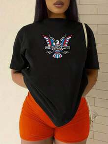 ComfortableÁguila con alas en colores rojo azul y blanco que simboliza fuerza libertad y valentía llevando un cráneo y dos pistolas como emblema de poder camisetas de mujer 100% algodón estilo casual moderna y cómoda para uso diarioFashion All-match Women's Short Sleeve T-shirt, Basic Style for Inner & Outer Wear - Negro - Ver 3