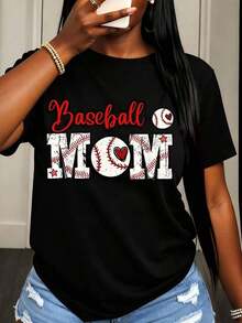 Camiseta de Mujer "Baseball Mom" con Diseño de Béisbol y Corazón, Ropa Casual de Verano para Mujeres - Negro - Ver 6
