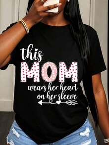 Esta mamá muestra su corazón en la manga: camiseta de mujer con estampado de lunares y corazones para uso casual en primavera y verano. - Negro - Ver 6