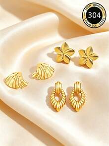 1 Pair/2 Pairs/3 Pairs Gold Wave, Hollow Leaf, Line Flower Dangle Earrings, Fashionable Item For Women, Elegant, Exquisite, Unique, Versatile, Suitable For Daily Wear, Gift. Mother's Day Gift - Gold - View 13