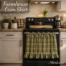 Handmade Oven Skirt, Farmhouse Style Kitchen Decor, With Satin Ribbons, Hanging Ornaments And Ruffle Trims, Rustic Oven Door Curtain Decor, Suitable For Cottage And Daily Kitchen, Room, Home Decoration - Màu Khaki - Xem 6