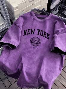 Men's Heavyweight With New York Pattern Print And Vintage Letters Available In Plus Sizes, All-Season Comfortable Machine Washable Casual Clothing - Mauve Purple - View 7