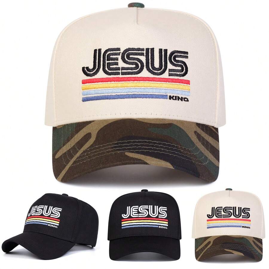 1 款男士耶稣卡车司机帽,个性化字母刺绣棒球帽,街头风五角帽,户外防晒休闲帽,春秋旅行,海边度假 - 多色 - 查看 1