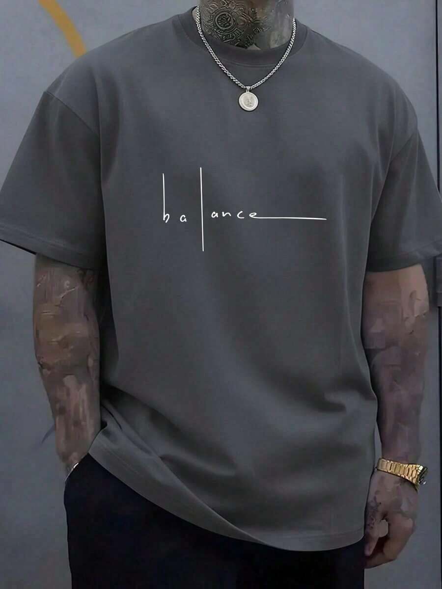 Men's Lightweight Short Sleeve T-Shirt With Round Neck And Letter Print, Plus Size - Dark Grey - View 1