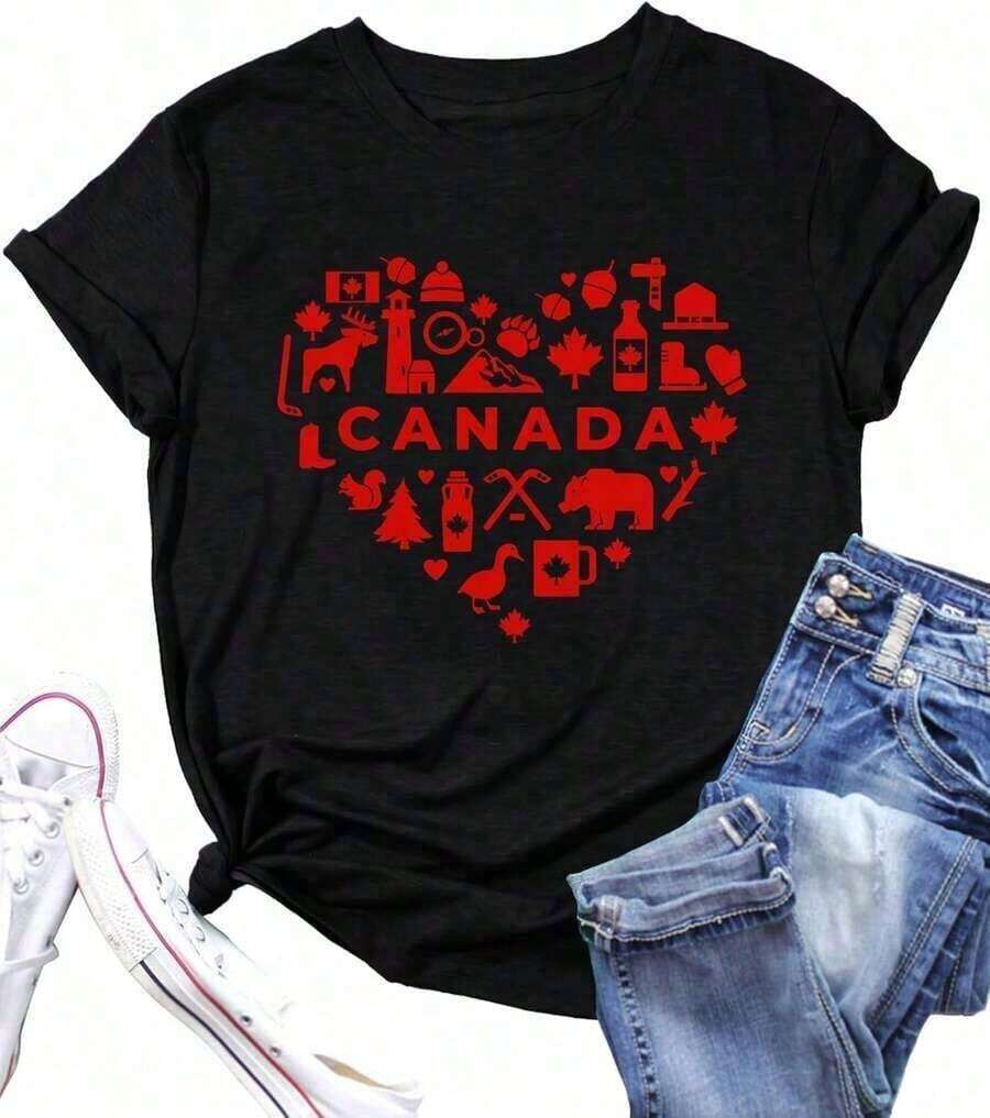 Nueva Camiseta Casual de Verano para Mujer, Diseño de Hoja de Arce y Bandera de Corazón de Canadá, Estilo Vintage Urbano, Unisex, 100% Algodón, Manga Corta, Cuello Redondo, Ajuste Holgado - Negro - Ver 1