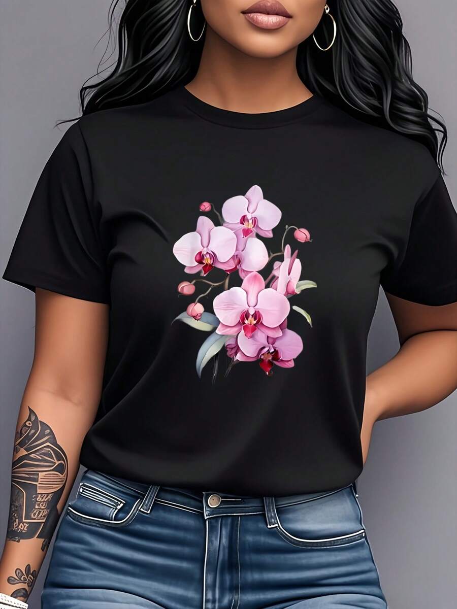 T-Shirt With A Pink Orchid Print, Short Sleeves, And A Round Neck. Women's Clothing, Fresh And Elegant Style, Versatile And Casual, Suitable For Everyday Wear, Parties, Dates, And As A Birthday Gift. MG3E - 黑色 - 查看 1