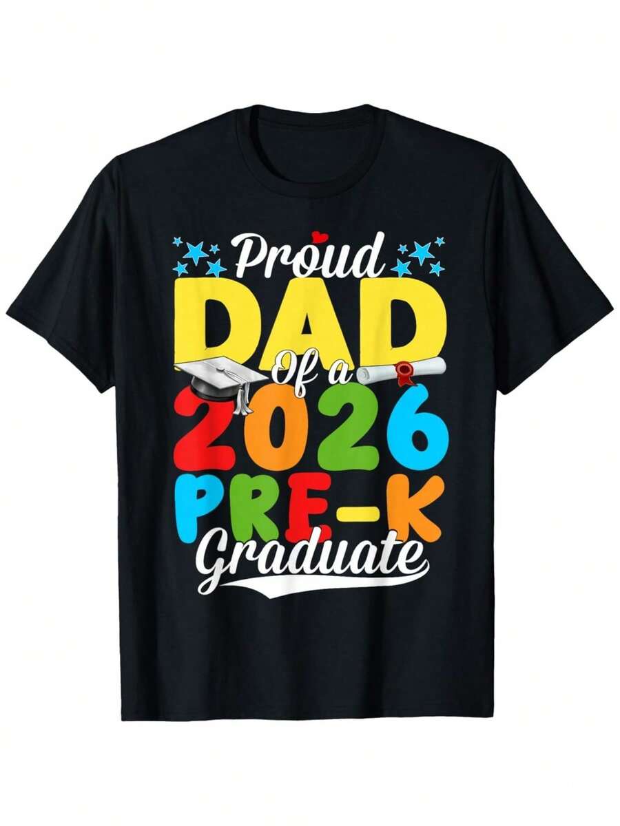 1 camiseta con la frase "Padre orgulloso y gracioso de un graduado de preescolar de la clase de 2026", camiseta cómoda para hombre, estilo de cuello redondo, extremadamente suave, transpirable, que absorbe la humedad, camiseta casual de verano, camiseta esencial de moda, 180g, 100% algodón. - Negro - Ver 1