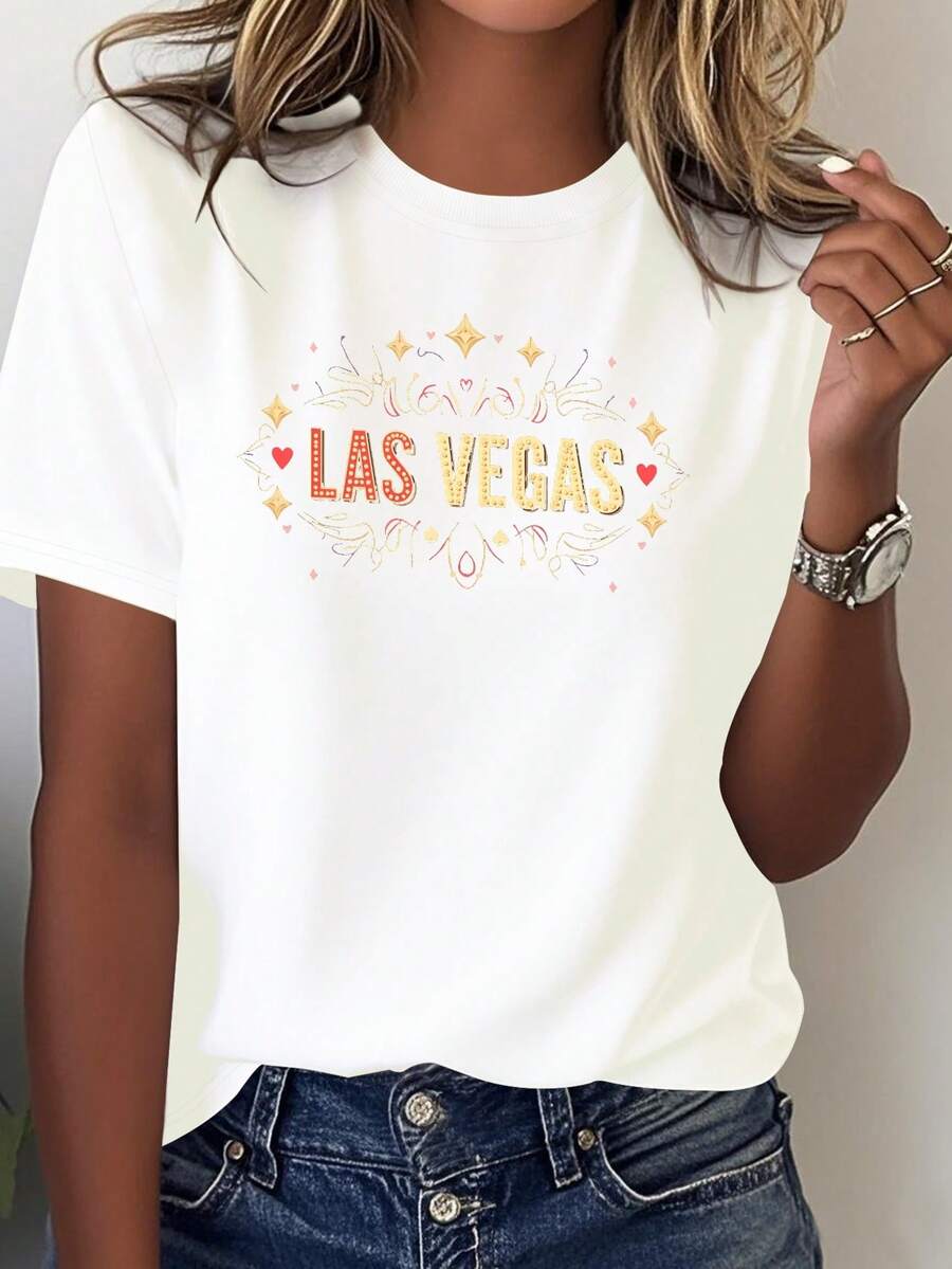 Camiseta cómoda de color sólido para mujer con el símbolo del póker de Las Vegas, blusas para mujer - Blanco - Ver 1