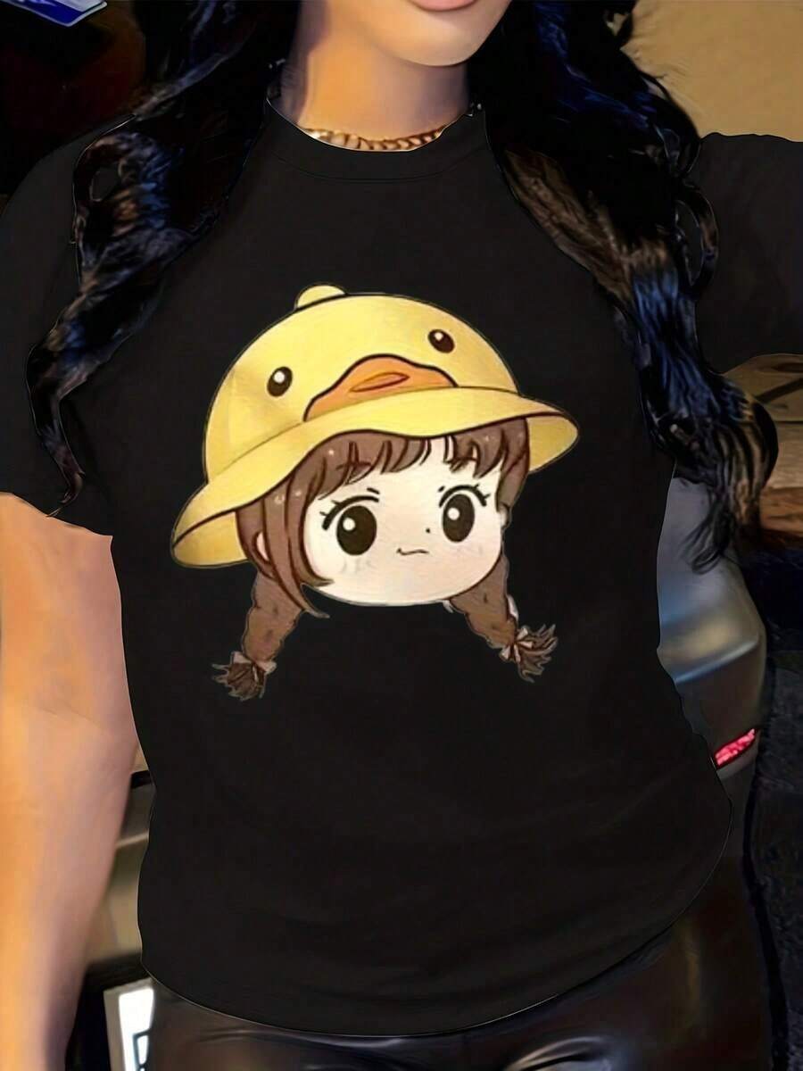 Women's 100% Cotton Loose Fit Short Sleeve T-Shirt - Fun Cartoon Duck And Hat Print, Casual Crew Neck, Comfortable For All Seasons, Machine Washable, Fun Design. Suitable As A Gift. Women's T-Shirt. Blouses > Elegant. Boho Chic. Soft, Breathable, And Comfortable Women's Top, Ideal For Spring, Summer, And Autumn, Perfect For Vacations, Travel, And Everyday Wear. - 黑色 - 查看 1