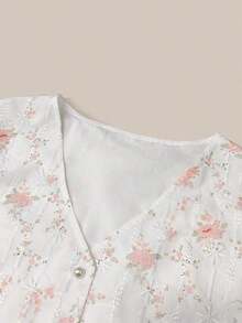 Blusa con mangas cortas, estampado floral, bordado y botones de perlas falsas, versátil y linda para mujer - Multicolor - Ver 3