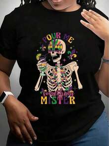 Round Neck Camiseta De Algodón Unisex De 220 G M² - Camiseta Con Gráfico De Esqueleto De Mardi Gras Sírveme Algo, Señor Celebración Del Martes - Negro Con Diseño Vibrante En Púrpura, Verde Y Dorado - Ropa Summer Essentials,Summer Outfits For Women,Graphic Tees Blusas Para Mujer Casual - Negro - Ver 6