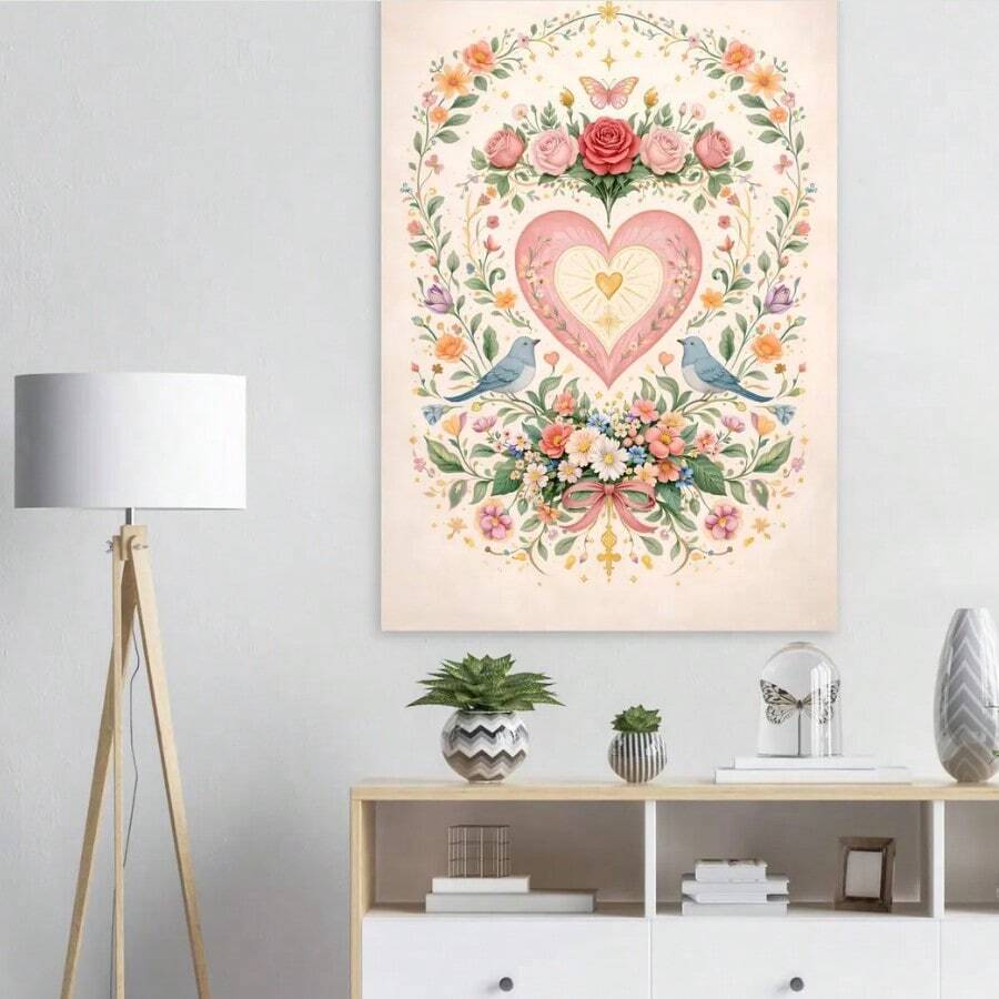 1/PC Powder Blusher And Gold Flower Heart Art Canvas Print Poster - Pink Wild Flower Plant Wall Frameless Decoration - Romantic House Poster - No Frame - View 1