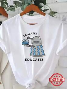 Camiseta de mujer Educate de cuello redondo con mangas cortas, top de media manga estampado a, camiseta elásticaDaily Casual Round Neck Short Sleeve-Shirt Women - Blanco - Ver 7