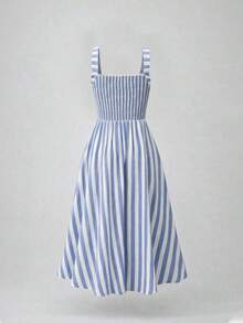 XHEGlowEve Vestido camisero midi de mujer con estilo, de tela tejida, de rayas azules y blancas, con vuelo, informal y de veranoXHE - Azul y blanco - Ver 2