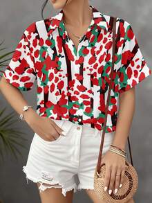 New Women's Short-Sleeve Shirt With A Red Ink Gradient Pattern Intermixed With Green Shadows And A Pattern Of Intertwined Dark Brown Vertical Lines. It Is A Versatile Casual Top Suitable For Commuting, Machine Washable, And Features Buttoned Printed Design - Mixed Colors - View 1