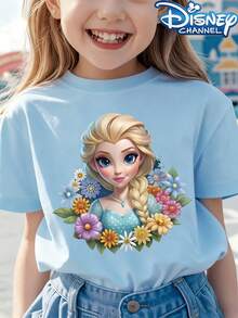 [Authorized] Princess Elsa Frozen Print Disney Girl's Summer Round Neck Casual T-Shirt For Children, Slightly Stretchy Fabric, Suitable For Birthday Gifts, Ideal For Daily Activities, Sports, And Travel, Summer T-Shirts For Girls - Màu xanh nhạt - Xem 1