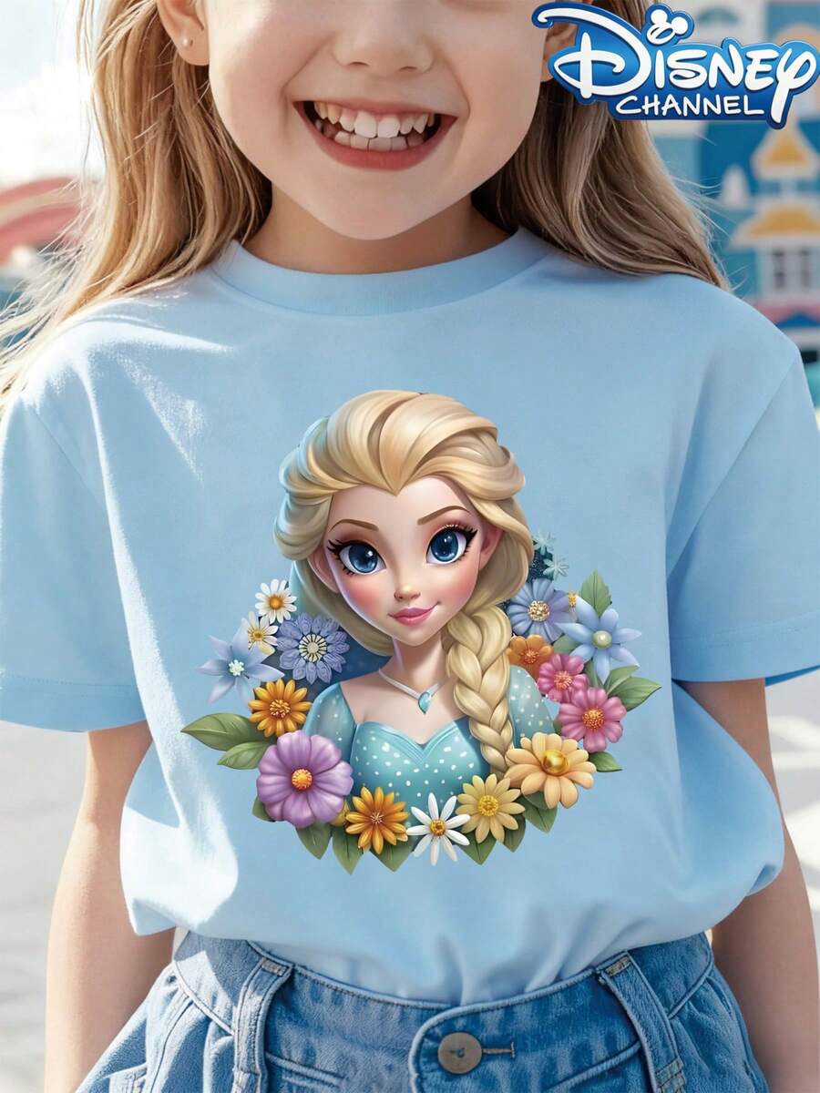 [Authorized] Princess Elsa Frozen Print Disney Girl's Summer Round Neck Casual T-Shirt For Children, Slightly Stretchy Fabric, Suitable For Birthday Gifts, Ideal For Daily Activities, Sports, And Travel, Summer T-Shirts For Girls - Màu xanh nhạt - Xem 1