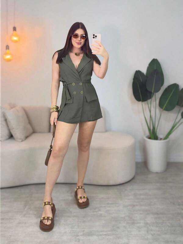 Macaquinho Blazer Tecido Sensorial Feminino Com Cinto Elegante