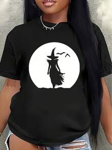 Camiseta de manga corta, ligera y duradera, con diseño de silueta de bruja, perfecta para fiestas de Halloween y salidas informales, adecuada para el hogar o entornos de comedor. - Negro - Ver 7