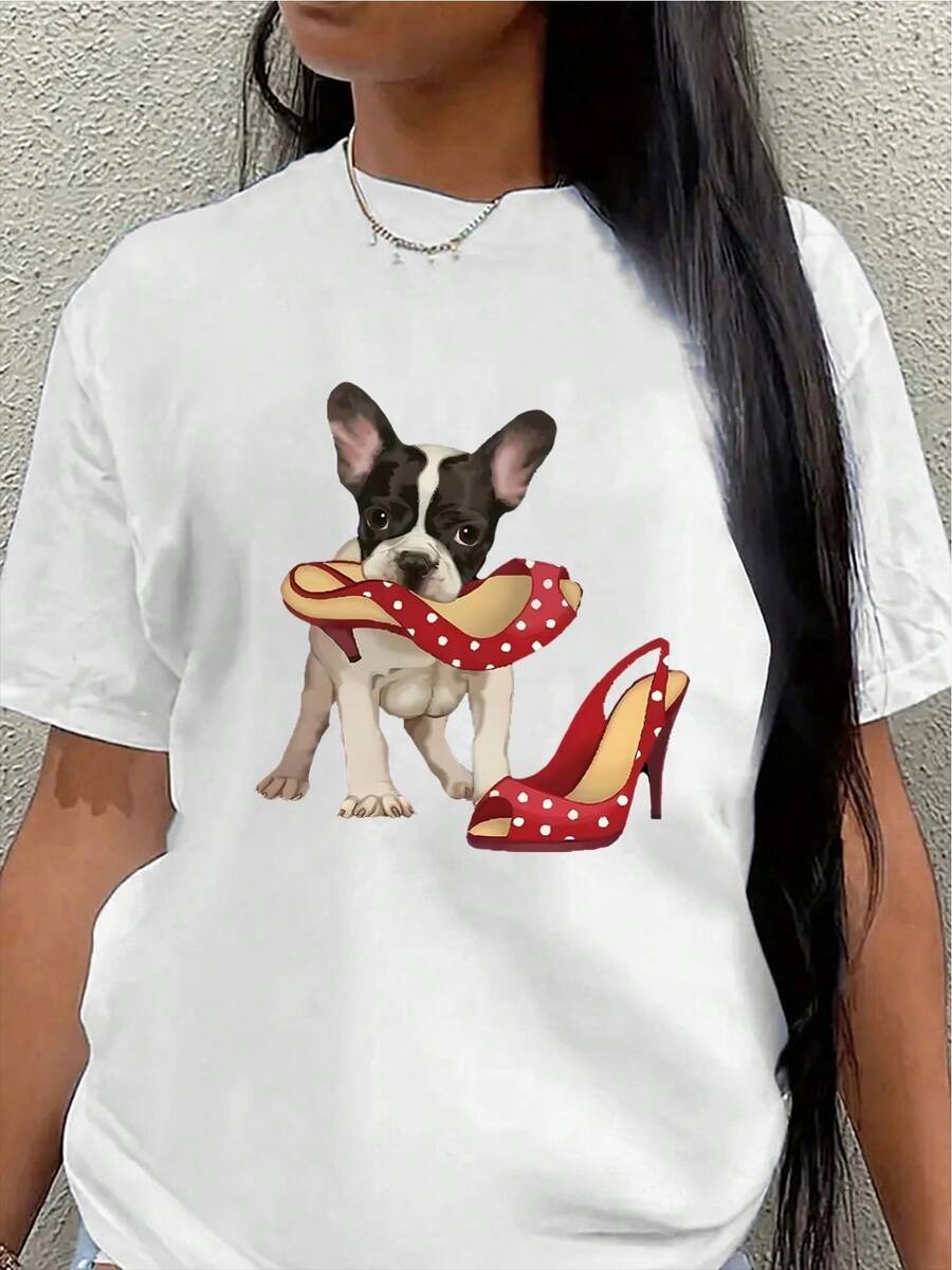 Camiseta de manga corta de poliéster, decorada con un patrón de Bulldog Francés y zapatos rojos de tacón alto, ligera y duradera, adecuada para uso casual en casa o en restaurantes, cómoda y ajustada para el uso diario. - Blanco - Ver 1