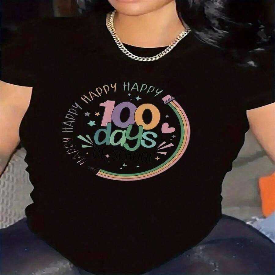 Camiseta Casual para Mujer de 100 Días de Feliz Cumpleaños - Diseño Colorido de 100 Días con Estampado de Globos y Confeti, Top Ligero y Transpirable de Poliéster con Cuello Redondo para Uso Casual y de Celebración, Ajuste Cómodo para Actividades en Interiores/Exteriores, Atuendo para Fiesta de Cumpleaños (Lavable a Máquina) - Camiseta Elegante y Versátil Blanca con Estampado Vibrante de 100 Días, Duradera y de Fácil Cuidado para Uso Diario, Camiseta Divertida para Mujer, Camiseta de Moda para Mujer - Negro - Ver 1