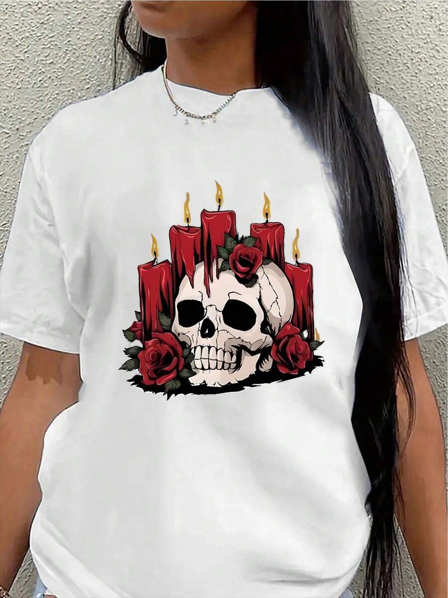 Camiseta de manga corta de poliéster, con diseño de calaveras y candelabros, ligera y duradera, adecuada para uso casual diario, fiestas u ocasiones de Halloween, adornada con elementos de rosas rojas y estética gótica, cómoda y de buen ajuste para el uso diario. - Blanco - Ver 1