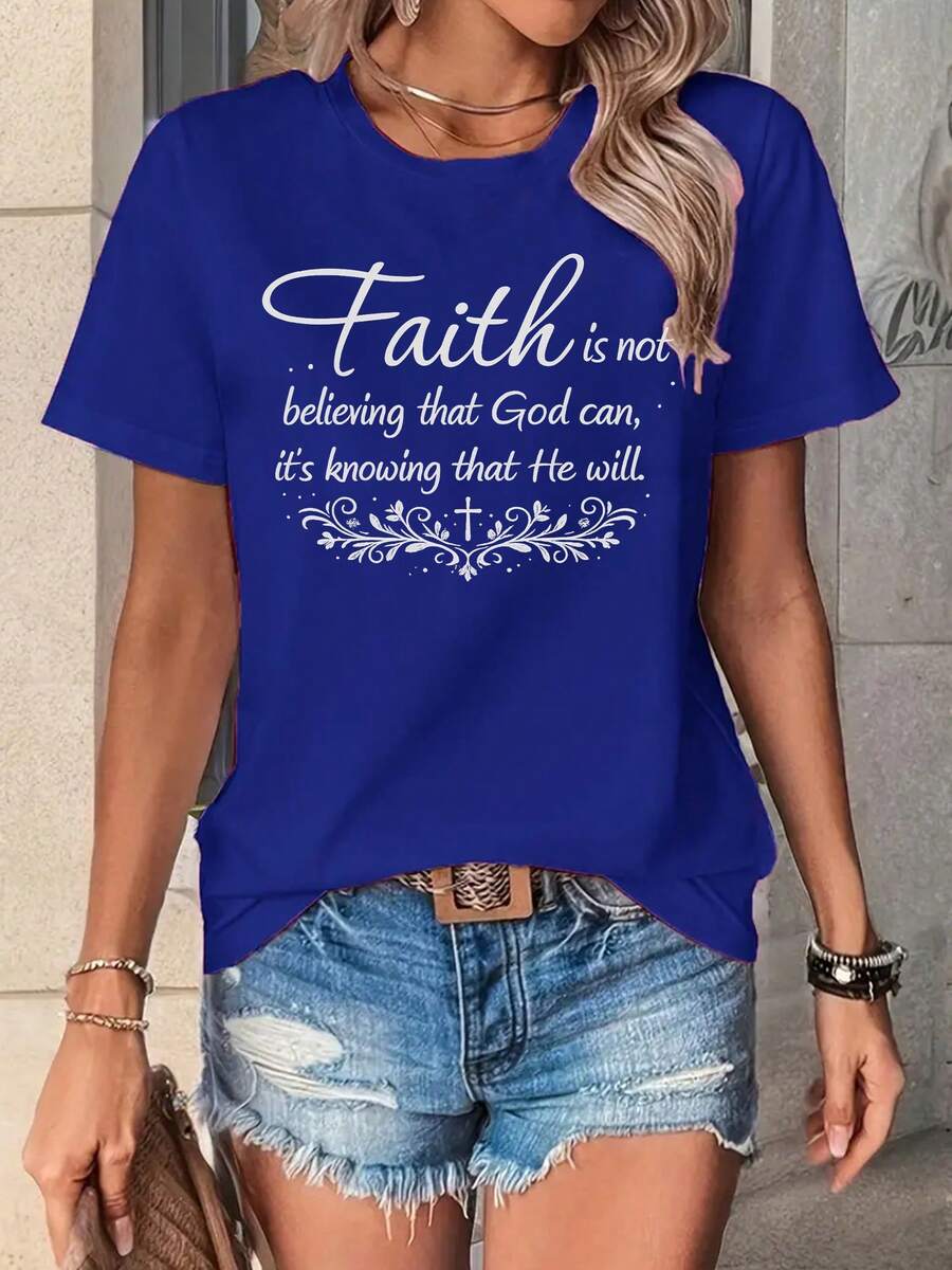 Camiseta de manga corta con frases inspiradoras de fe de Wo | Camiseta blanca, letras negras, cuello redondo, camisa casual para primavera, verano, otoño e invierno, cómoda para uso diario. | Ropa inspiradora | Ropa de verano fresca para mujer: camisetas - Azul - Ver 1