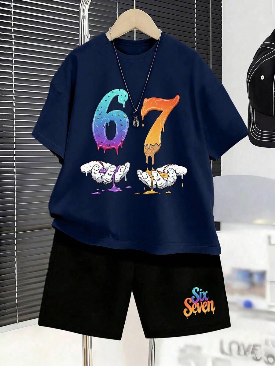 2件組 青少年男孩融化冰淇淋設計 #67 印花圓領T恤 + "SIX SEVEN" 印花短褲 新款夏季舒適男孩套裝 - 藏蓝色 - 查看 1