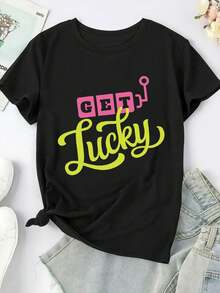 Camiseta de talla para mujer con estampado GET LUY - diseño multicolor brillante sobre negro, top casual de manga corta y cuello redondo, ligera y lavable aáquina, adecuada para primavera y verano, ropa casual para primavera. | Estilo casual a |   Camiseta de talla con textura - Estilo urbano vintage, unisex, de algodón, manga corta, cuello redondo. - Negro - Ver 2