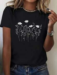 Nueva Llegada 2026: Camiseta con Estampado Floral, Ligera y Transpirable, para Mujer, Estilo Casual, Cuello Redondo, Manga Corta, Corte Regular, para Primavera y Verano. Camisetas para Mujer, Tela Suave, Transpirable, a la Moda, 100% Algodón, para Uso Diario, Camiseta con Estampado Gráfico. - Negro - Ver 7