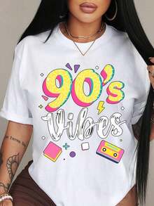 100% Pure Cotton, Women's T-Shirt, Women's Graphic Tee With Retro 90s Style Neon Tape Design, Casual Crew Neck T-Shirt, Ideal For Parties And Gifts, Suitable For All Seasons, Women's Tops - 白色 - 查看 1