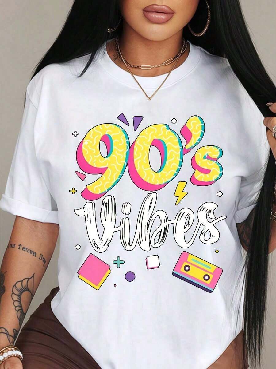 100% Pure Cotton, Women's T-Shirt, Women's Graphic Tee With Retro 90s Style Neon Tape Design, Casual Crew Neck T-Shirt, Ideal For Parties And Gifts, Suitable For All Seasons, Women's Tops - 白色 - 查看 1