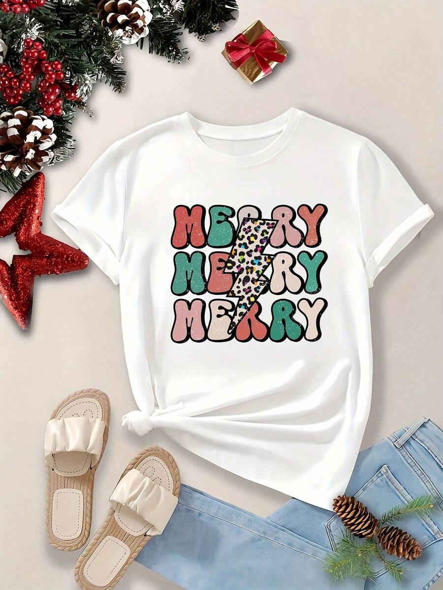 Camiseta de Manga Corta con Cuello Redondo y Estampado de Letras para Mujer - Blanco - Ver 1