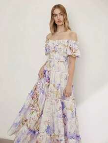 Vestido largo de fiesta hombros al descubierto en organza elegante aire etéreo estilo europeo nueva llegada para mujer - Púrpura malva - Ver 5