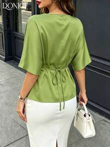 DONICY Women's Green Lace-Up Waist Round Neck Casual Top - Green - View 2