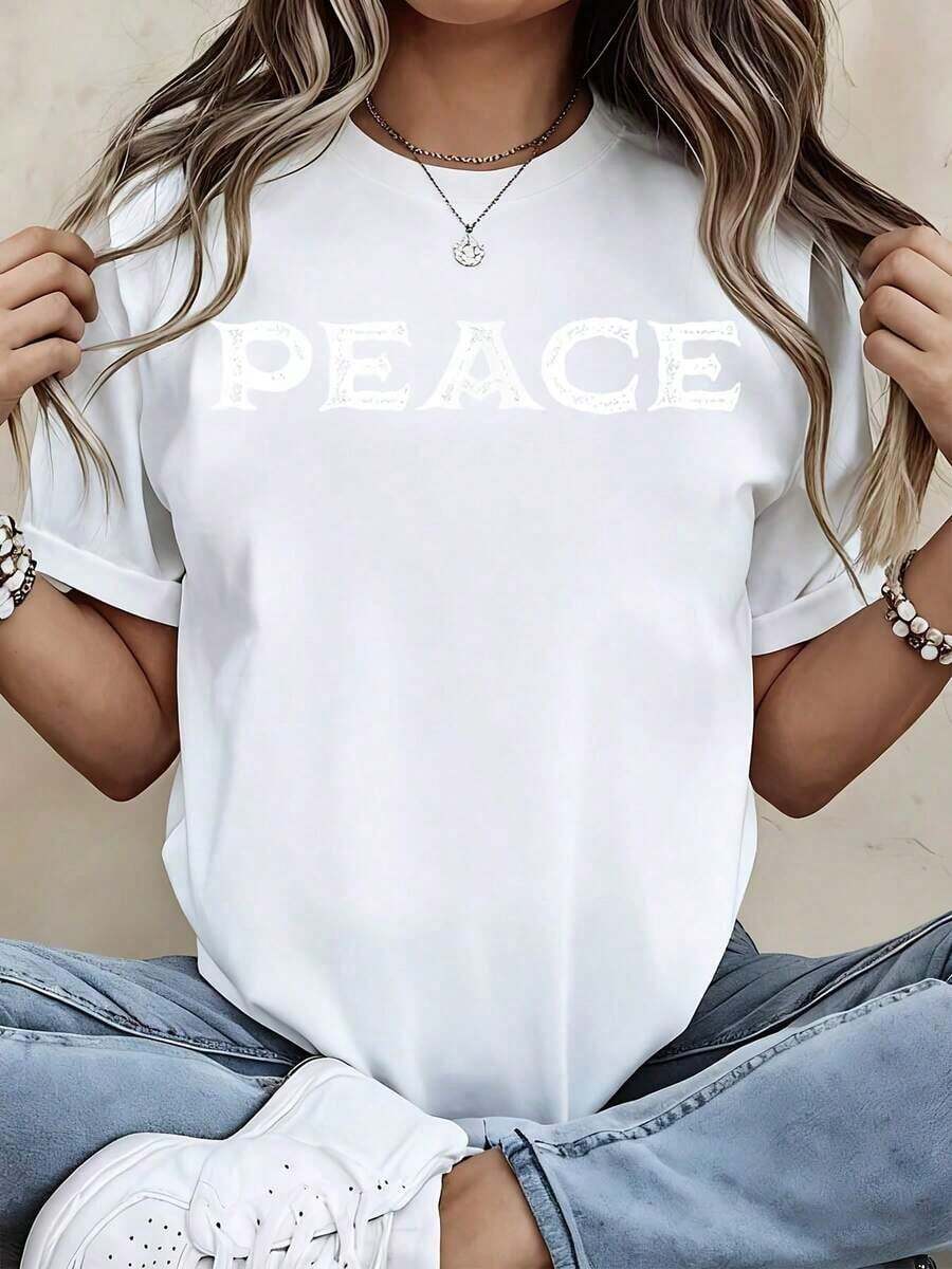 Camiseta con Estampado de Paz, Estilo Casual Deportivo para Uso Diario - Estilo Urbano Vintage, Unisex, de Algodón, Manga Corta, Cuello Redondo, 100% Algodón - Blanco - Ver 1