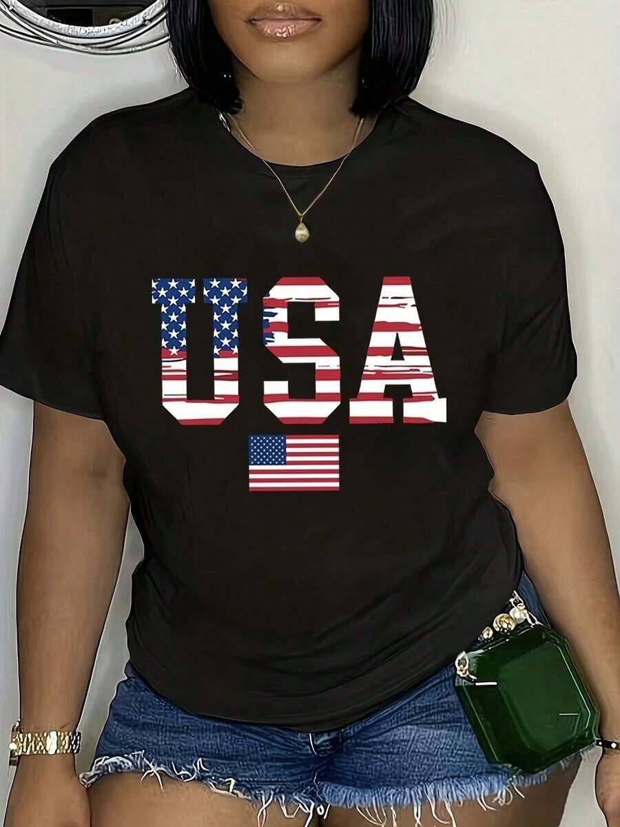 Camiseta única estilo y2k con diseño llamativo USA en colores vibrantes y bandera americana perfecta para destacar en cualquier ocasión ideal para jóvenes y amantes de la moda casual hecha de materiales de alta calidad y gran comodidad para uso diario - Negro - Ver 1