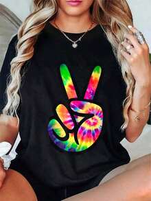 Cómodo Camiseta de manga corta informal con diseño de símbolo de la paz y el amor, estilo retro, ideal para disfraces, playeras de mujer algodon, blusa casual mujer,  mujer - Negro - Ver 1