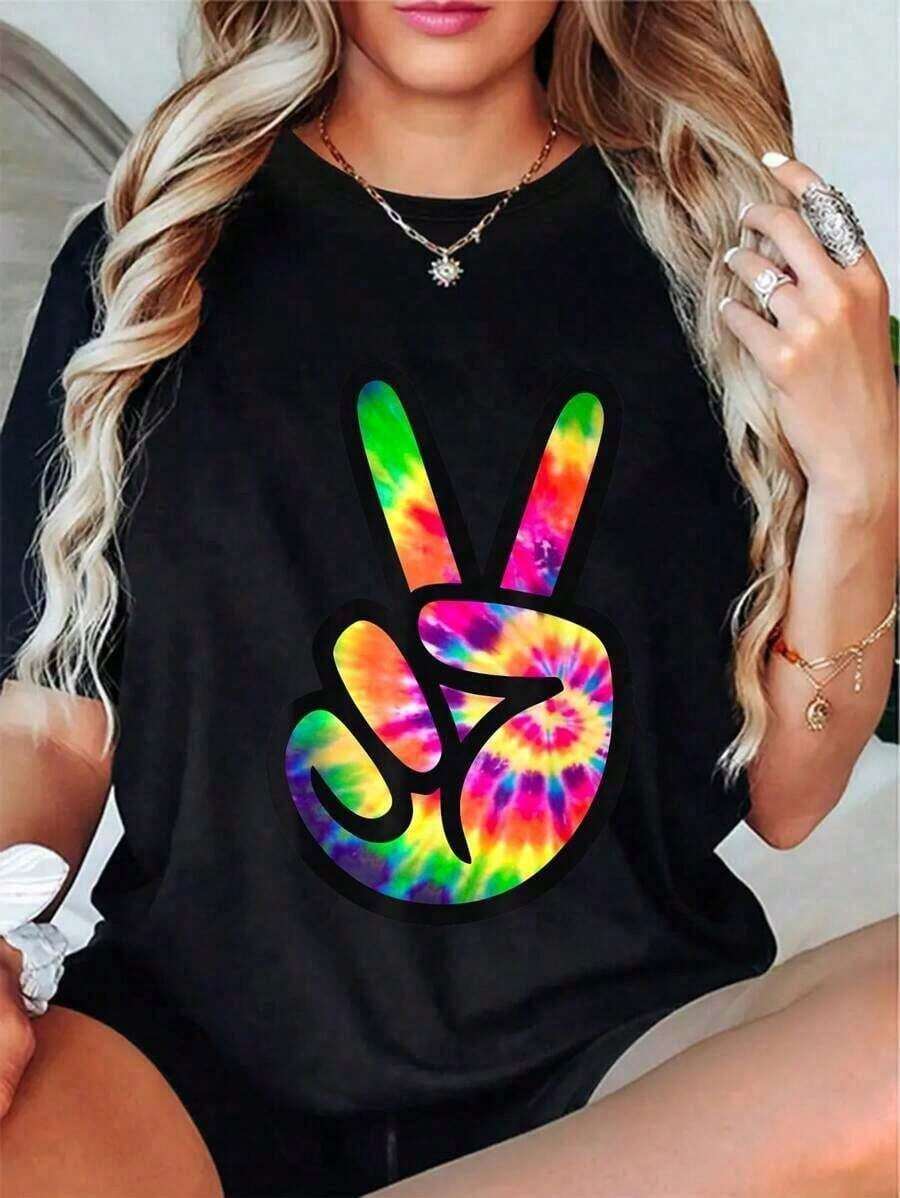 Cómodo Camiseta de manga corta informal con diseño de símbolo de la paz y el amor, estilo retro, ideal para disfraces, playeras de mujer algodon, blusa casual mujer, mujer - Negro - Ver 1
