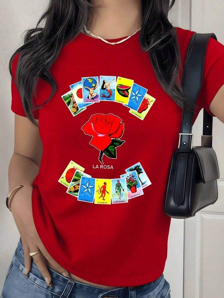 Camiseta con estampado gráfico de rosas y tarjetas de lotería coloridas, 180g, 1 pieza, estilo vintage, informal para mujer, 100% algodón, moda urbana. - Rojo - Ver 1