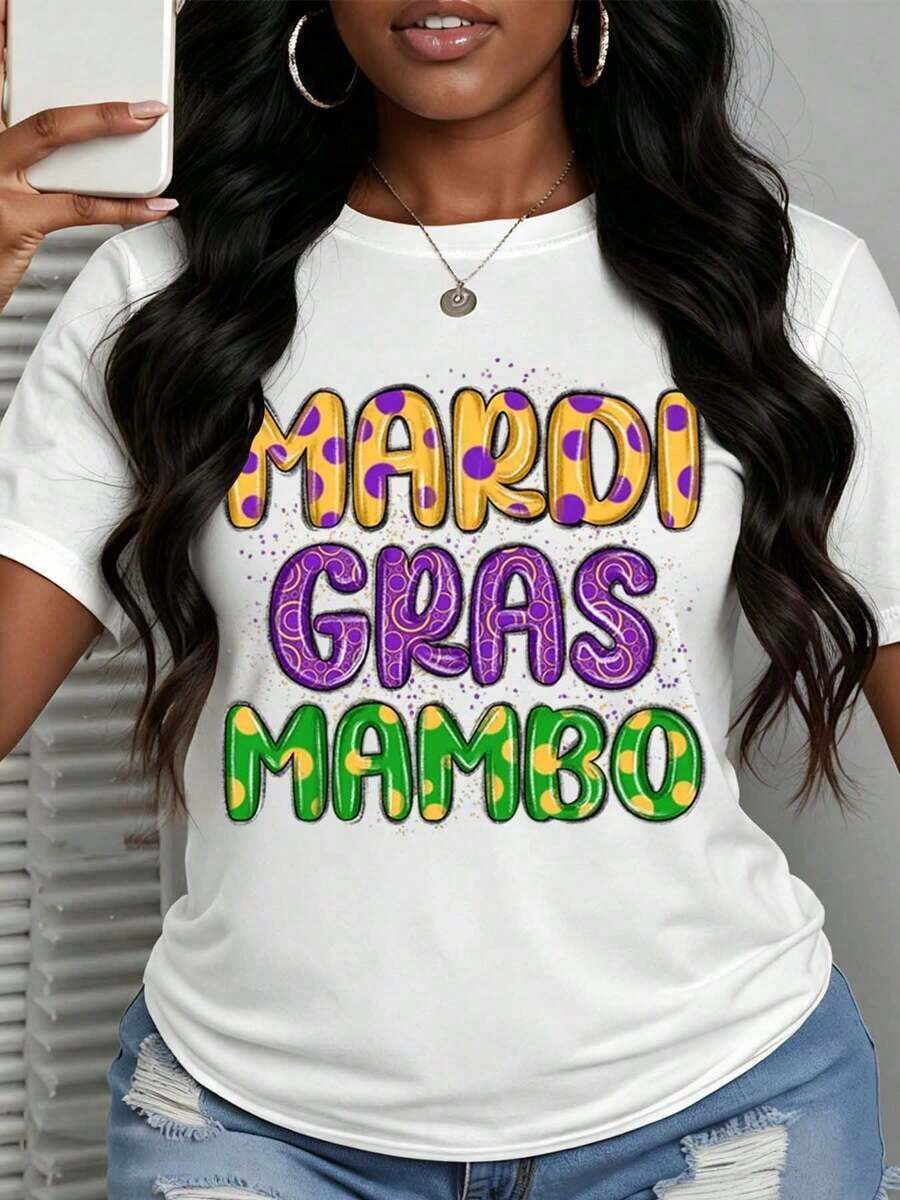 Women's Casual Short Sleeve Crew Neck T-Shirt With Fun Print, Mardi Gras Mambo Design, 100% Cotton, Ideal For Party And Festival Gifts - Unisex Urban Vintage Style, Loose Fit Short Sleeve Crew Neck T-Shirt, 100% Cotton - 白色 - 查看 1