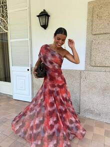 Vestido de fiesta verano tul estampado hombros al descubierto ajustado favorecedor ideal para vacaciones estilo europeo elegante - Rojo - Ver 11