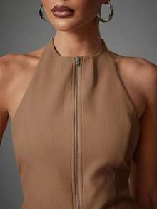 Sleeveless Halter Top With Front Closure And Open Back, Solid Color And Sexy Casual Style For Women - 白色 - 查看 6