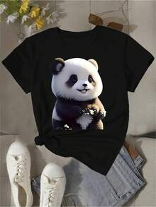 Women's T-Shirt With A Panda And Sunglasses Print, A Cool Urban Style Statement. A Beautiful, Casual, Crew-Neck Sports T-Shirt, Comfortable For All Four Seasons. A Stylish New Summer T-Shirt, Perfect For Vacations. - 黑色 - 查看 3