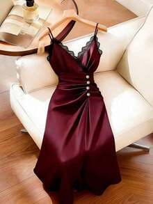 Vestido midi de encaje con parches, volantes y elegante cintura para fiesta - Negro - Ver 7