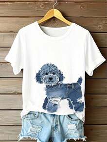 Cute Dog & Denim Print Pattern Women's Round Neck T-Shirt - White - View 9