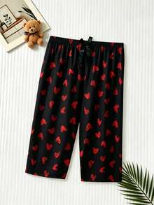 3pcs Women's Plus Size Casual Pajama Pants, Heart Print Bowknot Elastic Waist Loose Home Wear Capri Pants - Multicolor - View 6
